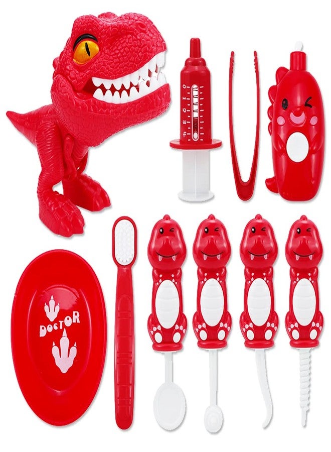 OPTSPTOY 10PCS Plastic Dinosaur Simulation Dentist Play Set Animation Medical Kit Pretend Toy for Kids Hygienic Habbit Cultivation Role Play Game for Children 5 Models 4 Colors Simple OPP Bag Packaging (Red) - Image 1